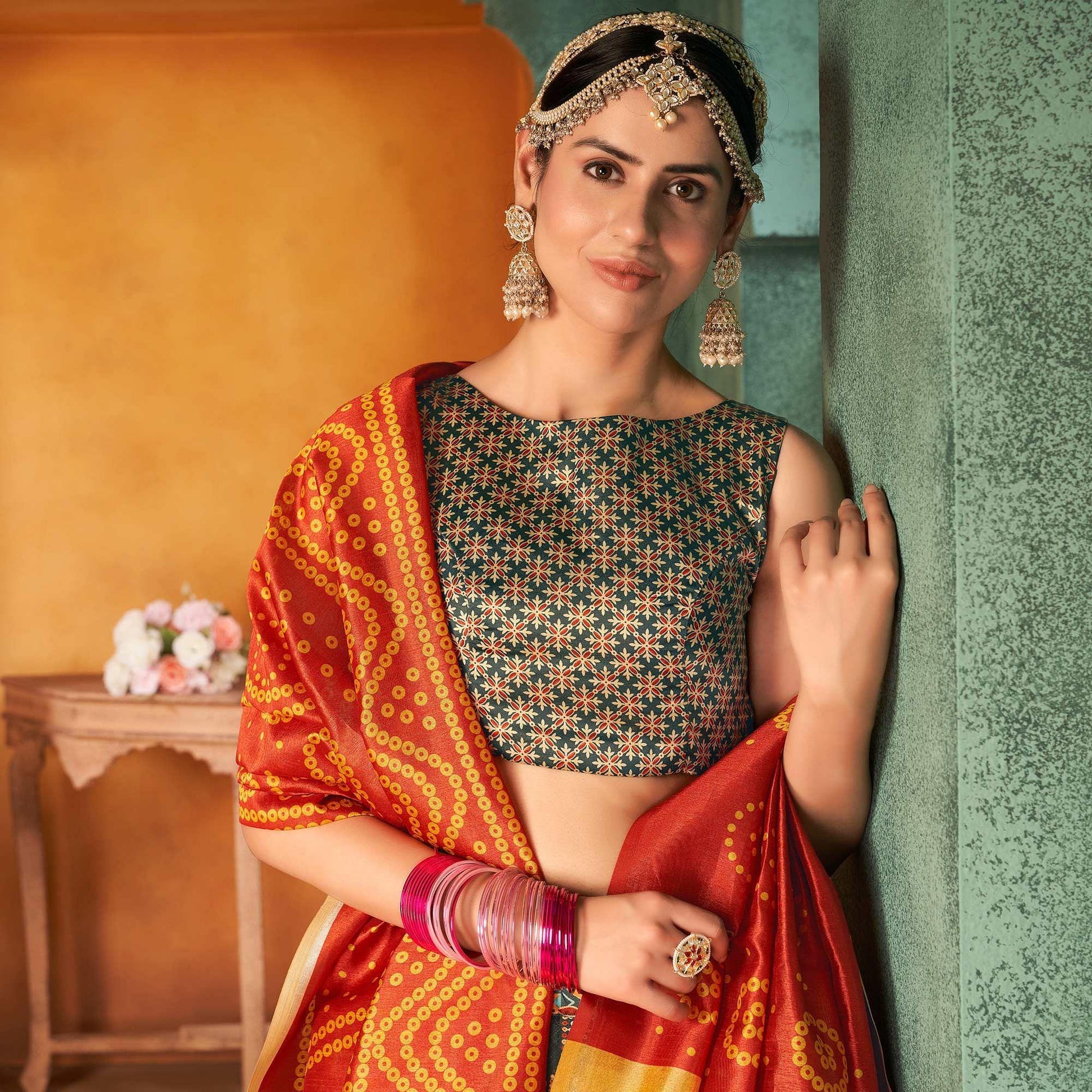 Bottle Green Printed Pure Silk Lehenga Choli