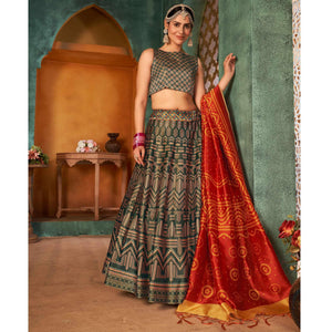 Bottle Green Printed Pure Silk Lehenga Choli