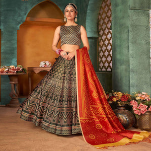 Bottle Green Printed Pure Silk Lehenga Choli