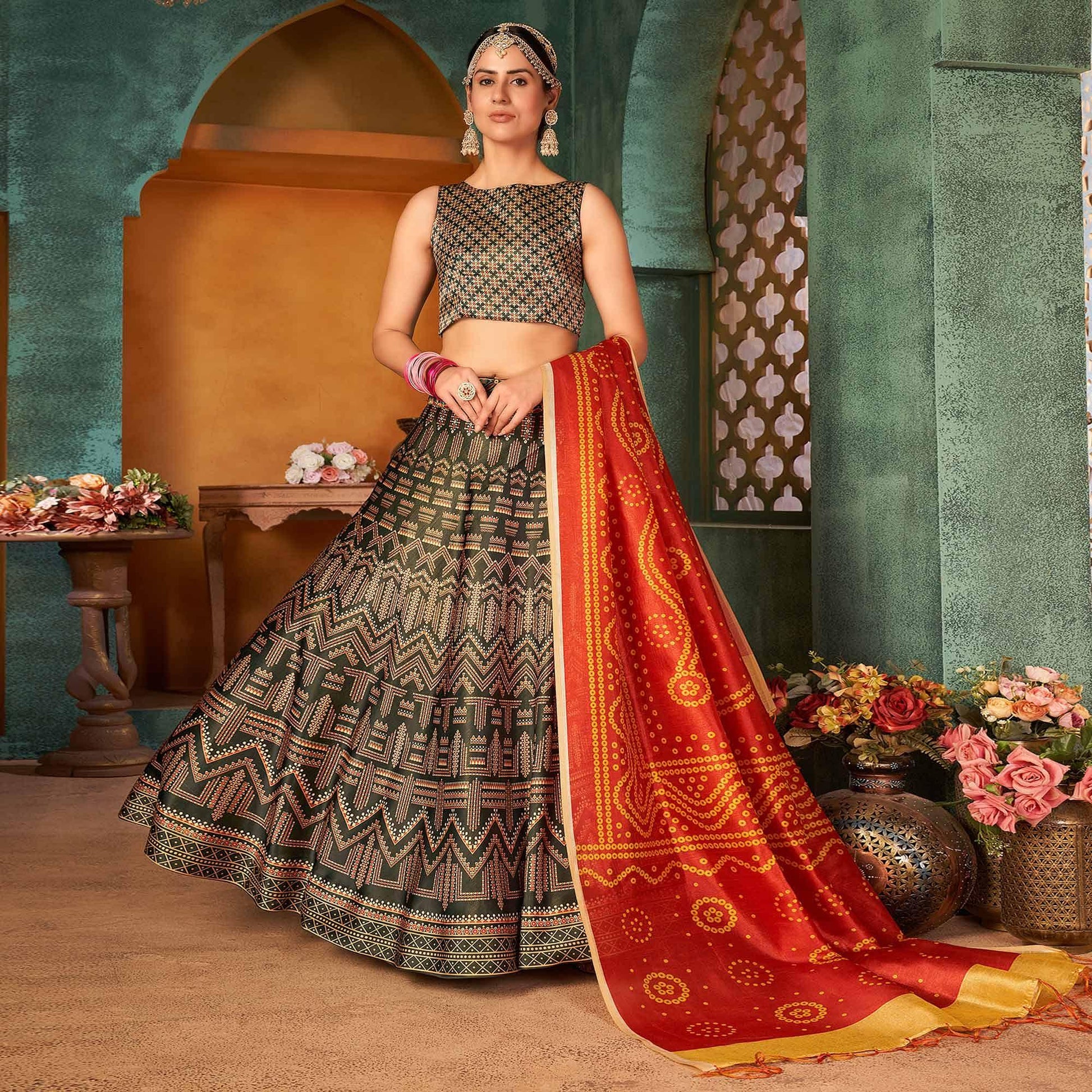 Bottle Green Printed Pure Silk Lehenga Choli