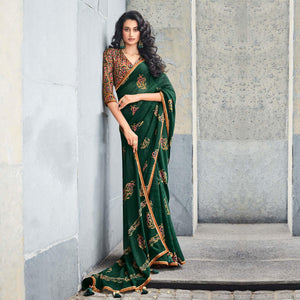 Bottle Green Printed With Gota Patti Border Georgette Saree