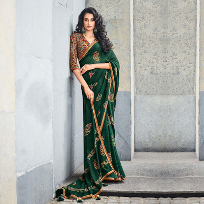 Bottle Green Printed With Gota Patti Border Georgette Saree