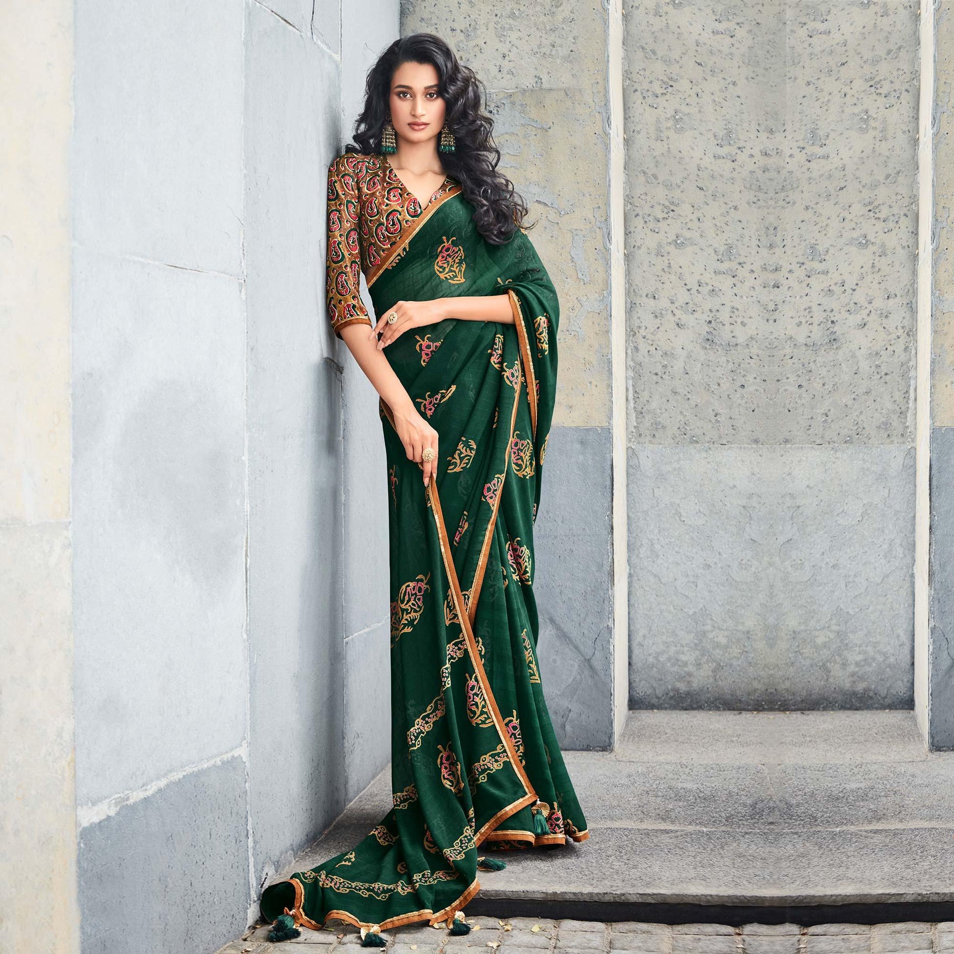 Bottle Green Printed With Gota Patti Border Georgette Saree