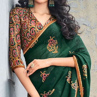 Bottle Green Printed With Gota Patti Border Georgette Saree