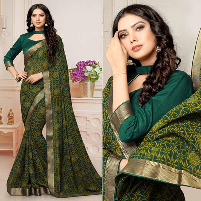 Bottle Green Printed With Woven Border Georgette Saree