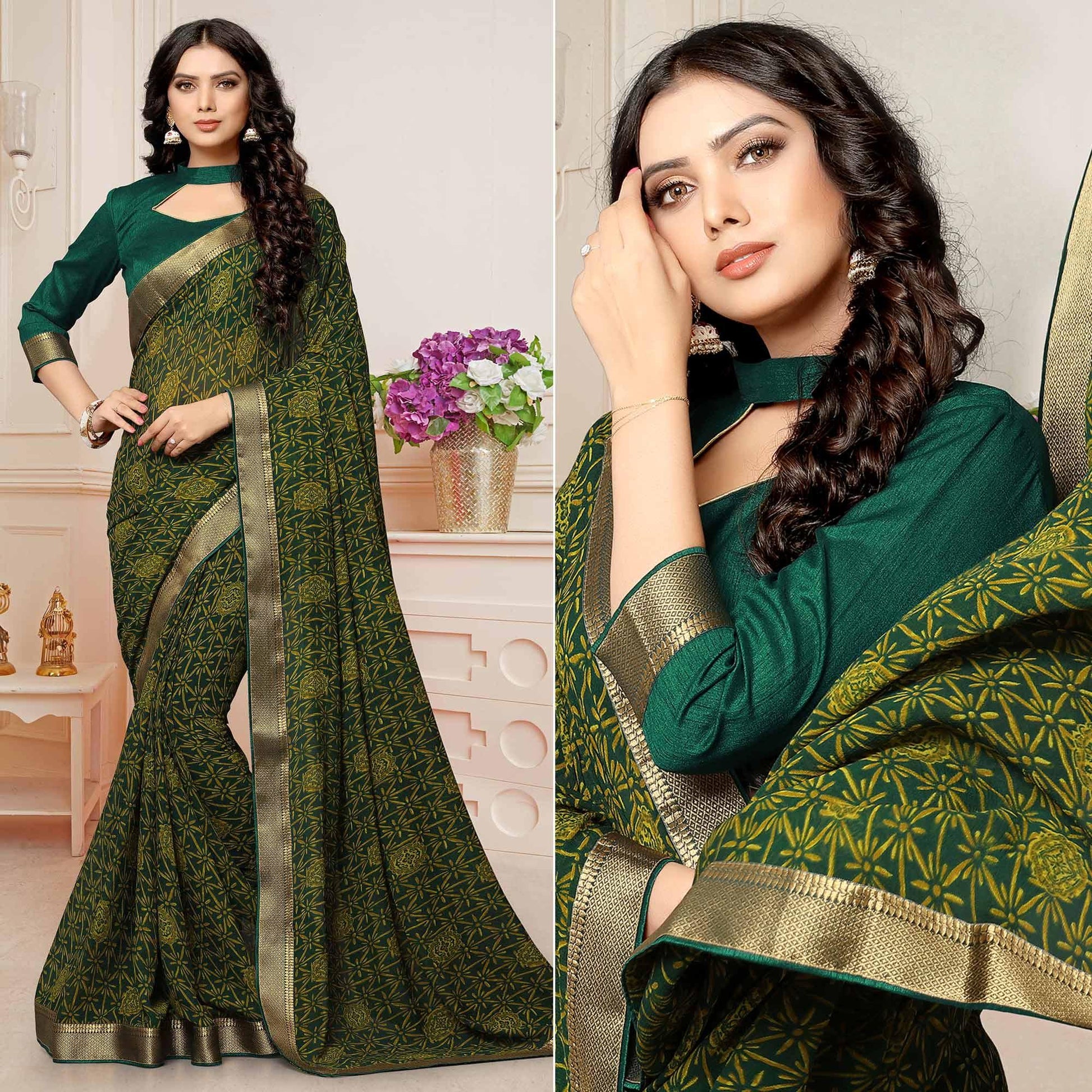 Bottle Green Printed With Woven Border Georgette Saree