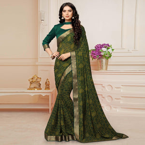 Bottle Green Printed With Woven Border Georgette Saree