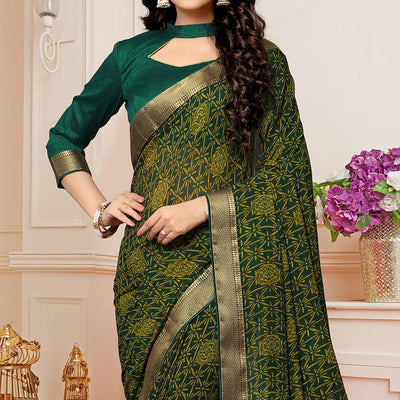 Bottle Green Printed With Woven Border Georgette Saree