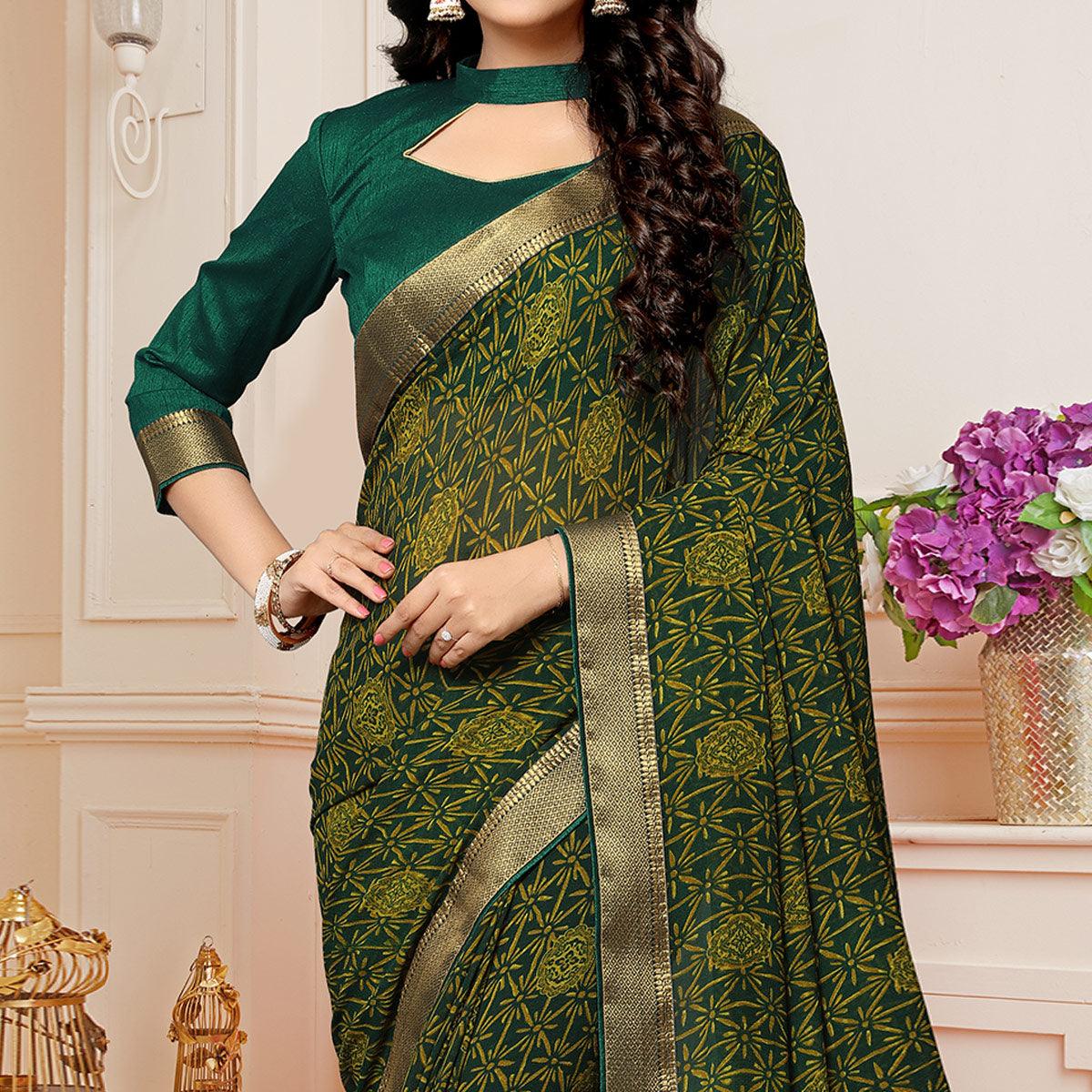 Bottle Green Printed With Woven Border Georgette Saree