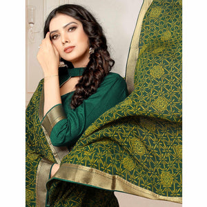 Bottle Green Printed With Woven Border Georgette Saree