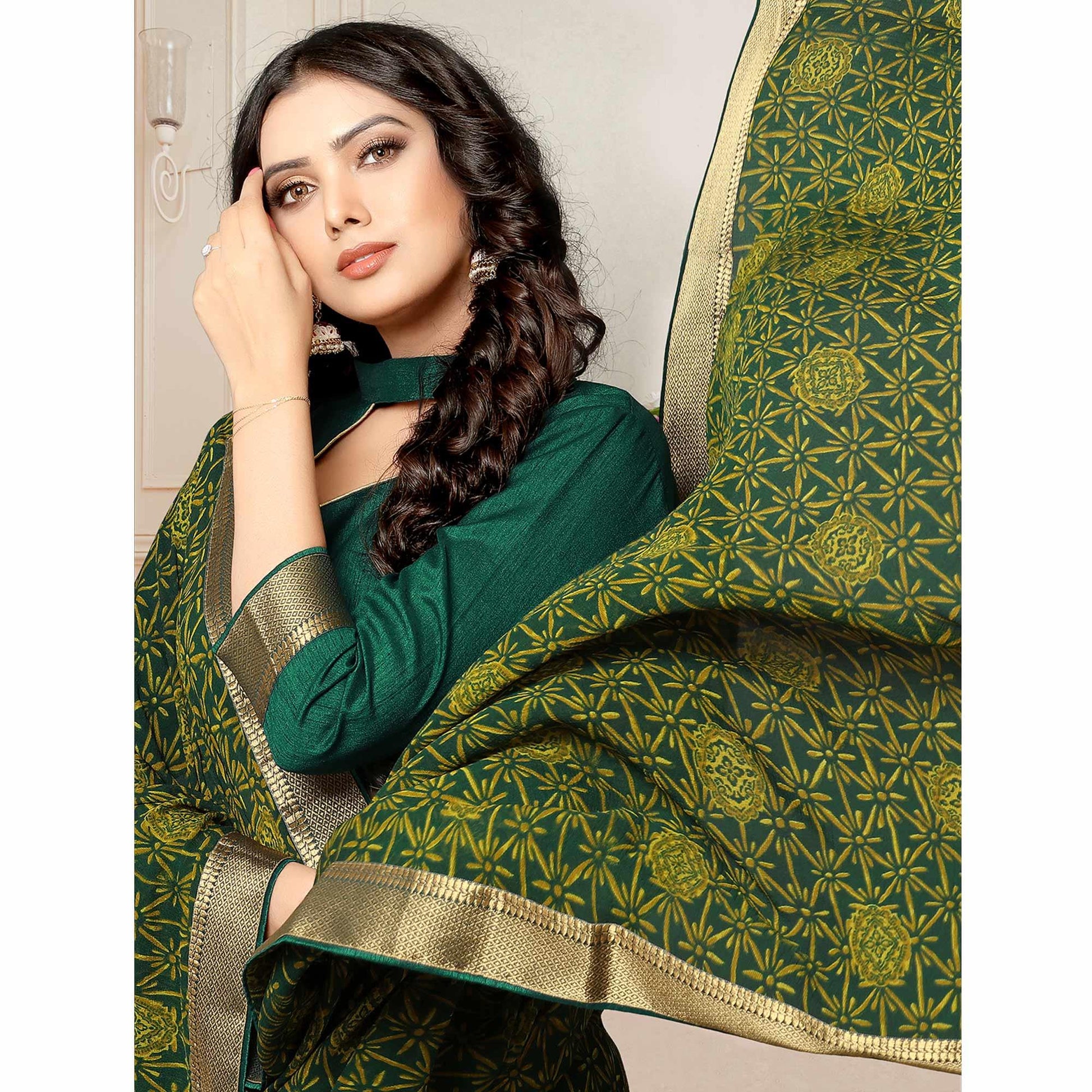 Bottle Green Printed With Woven Border Georgette Saree