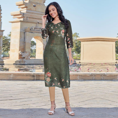 Bottle Green Sequins Embroidered Cotton Silk Kurti