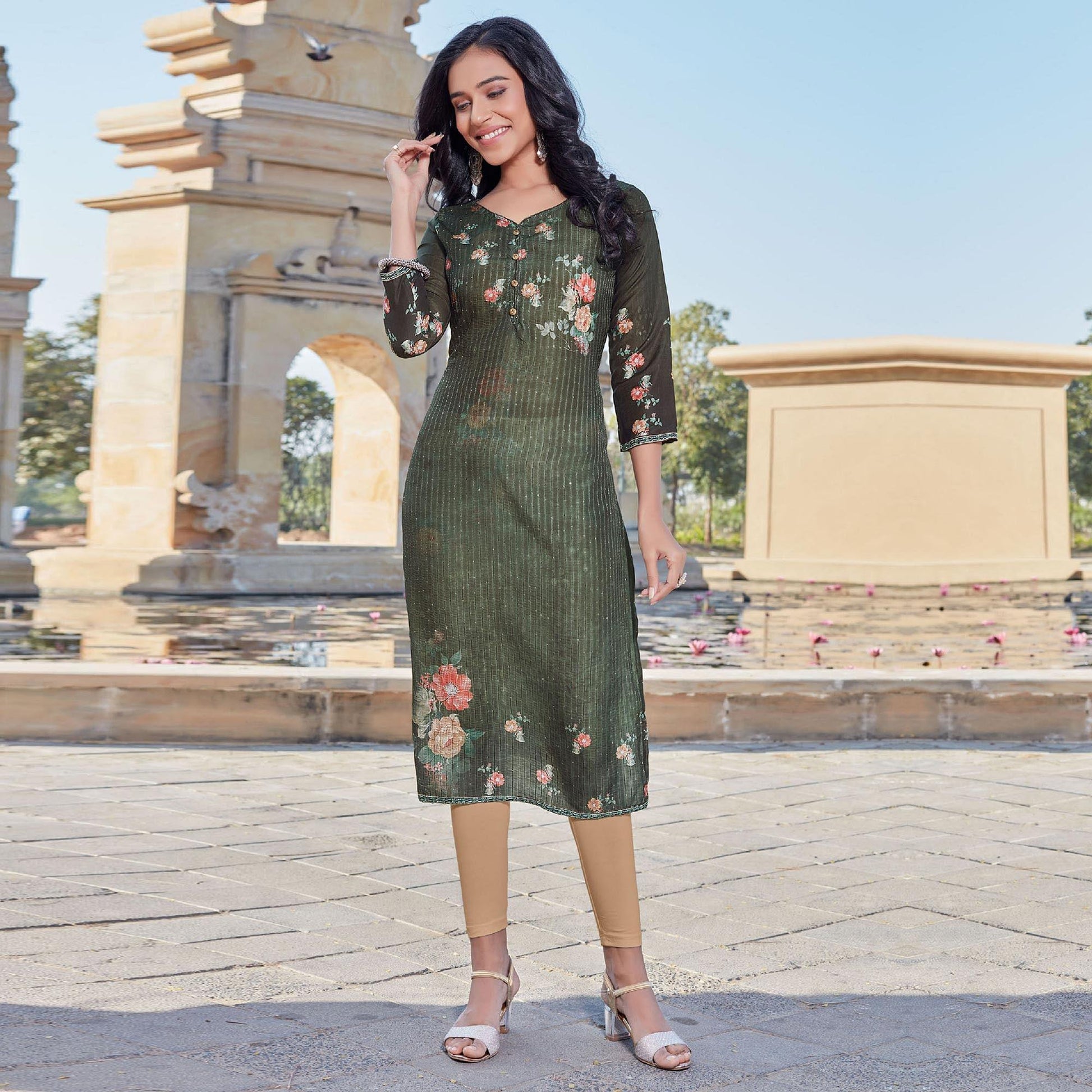 Bottle Green Sequins Embroidered Cotton Silk Kurti