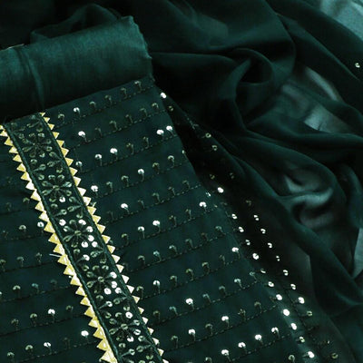 Bottle Green Sequins Embroidered Georgette Dress Material