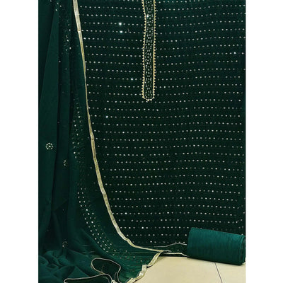 Bottle Green Sequins Embroidered Georgette Dress Material