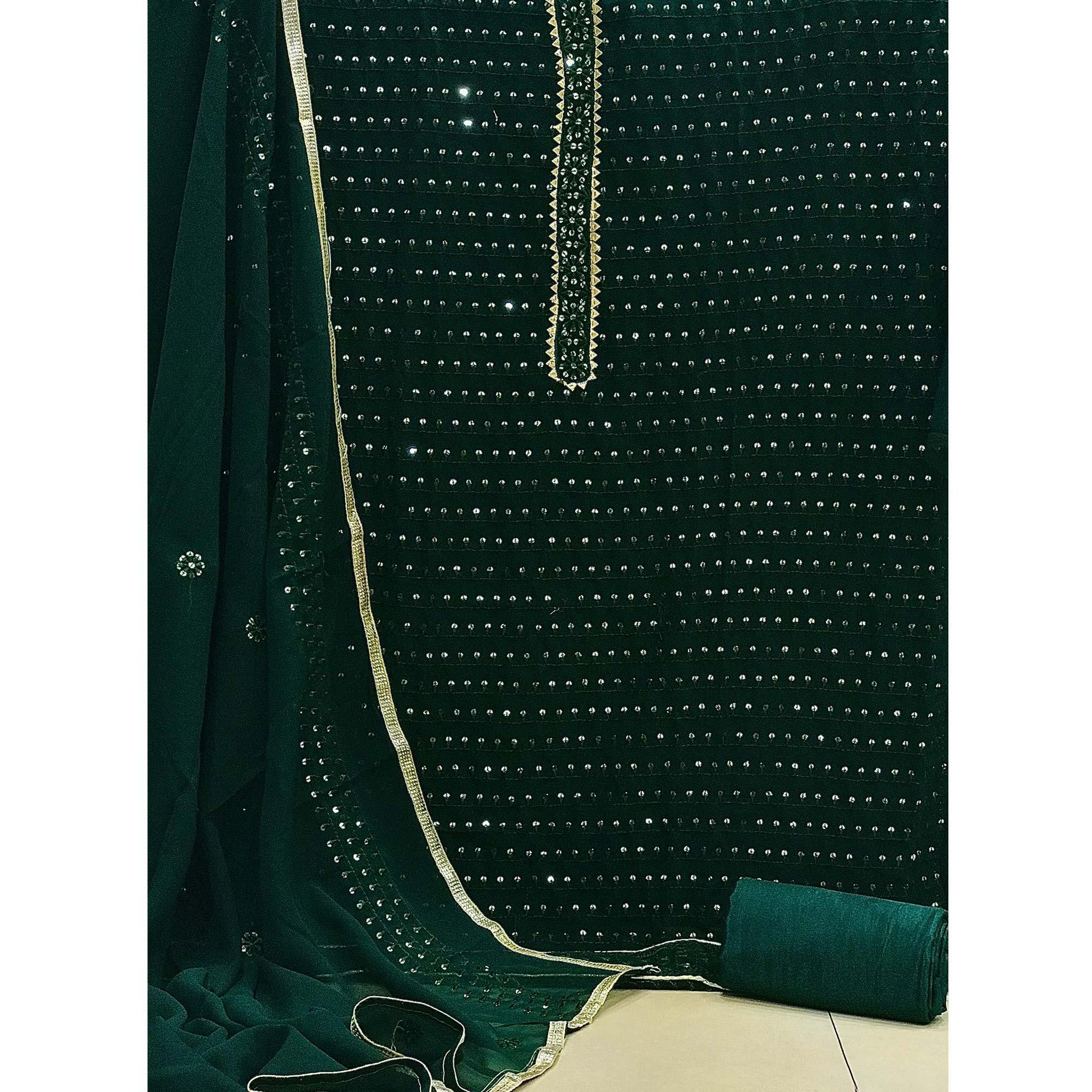 Bottle Green Sequins Embroidered Georgette Dress Material