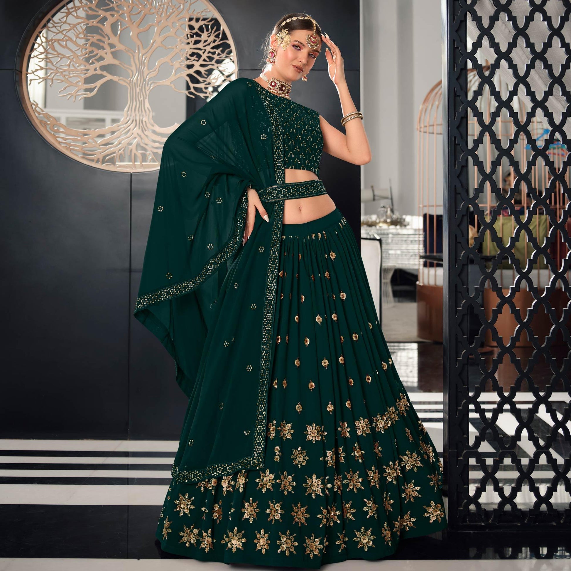 Bottle Green Sequins Embroidered Georgette Lehenga Choli