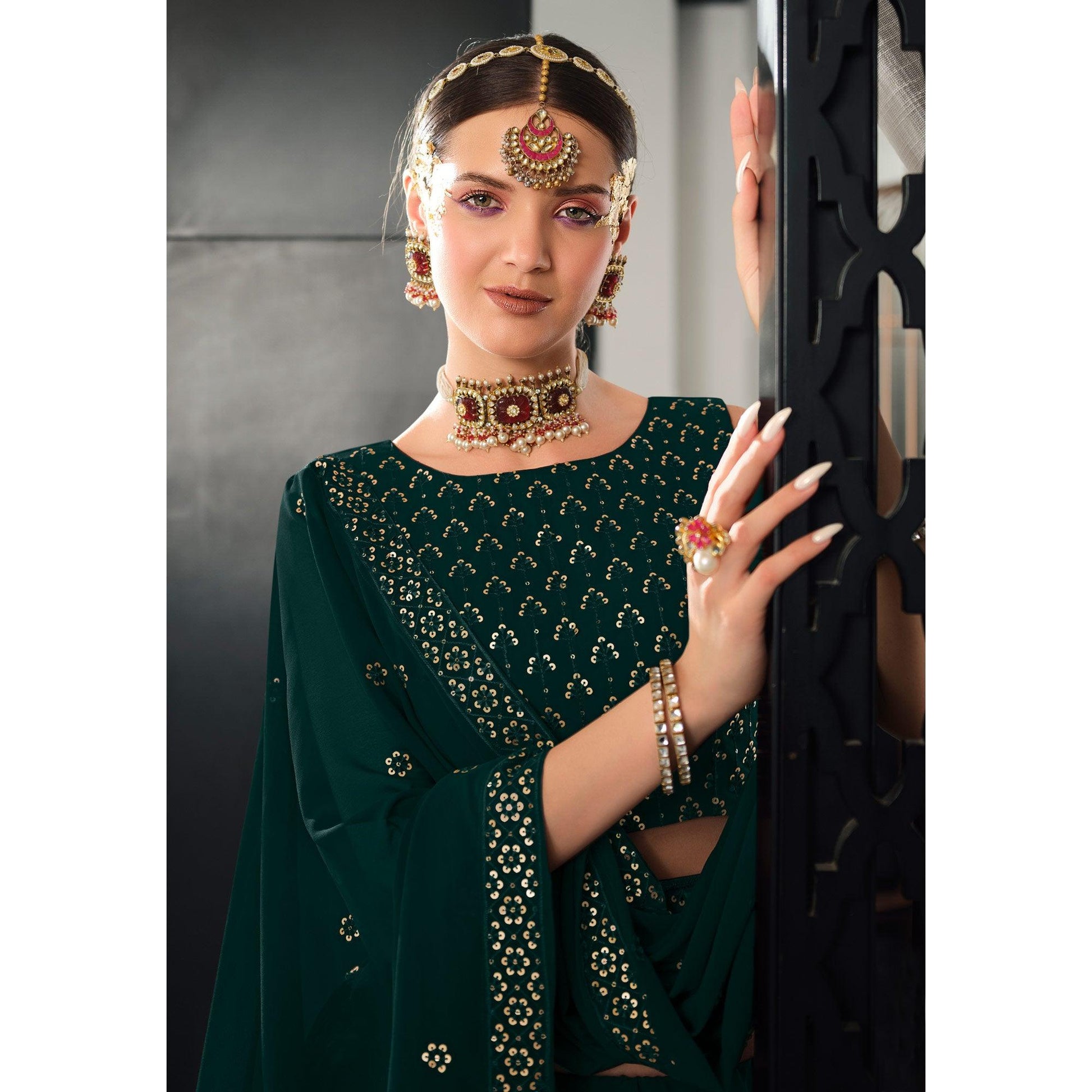 Bottle Green Sequins Embroidered Georgette Lehenga Choli