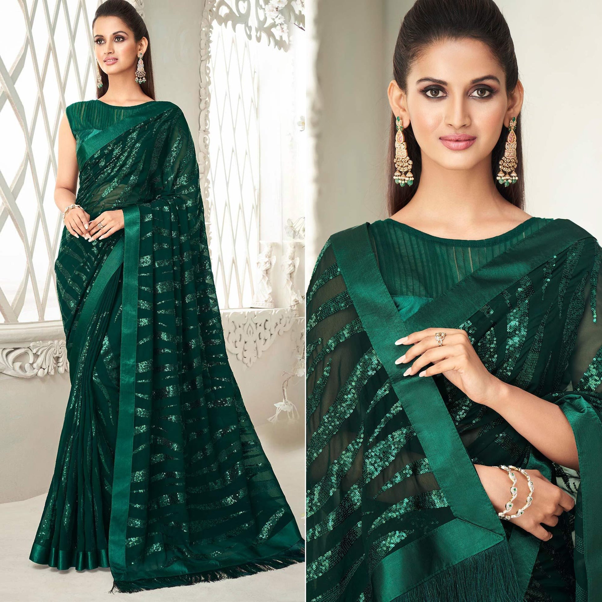 Bottle Green Sequins Embroidered Georgette Saree With Tassels