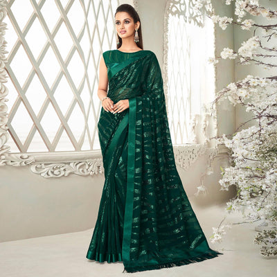 Bottle Green Sequins Embroidered Georgette Saree With Tassels