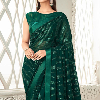Bottle Green Sequins Embroidered Georgette Saree With Tassels
