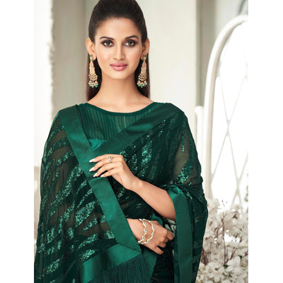 Bottle Green Sequins Embroidered Georgette Saree With Tassels