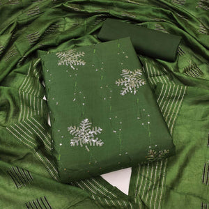 Bottle Green Sequins Embroidered Pure Cotton Dress Material