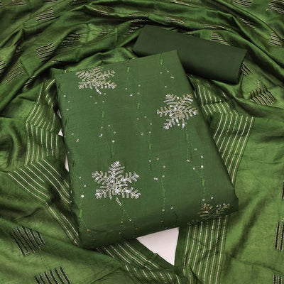 Bottle Green Sequins Embroidered Pure Cotton Dress Material