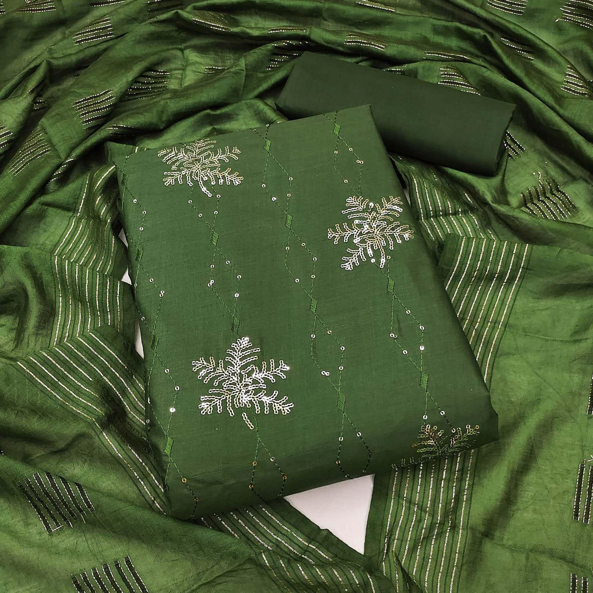Bottle Green Sequins Embroidered Pure Cotton Dress Material