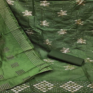 Bottle Green Sequins Embroidered Pure Cotton Dress Material