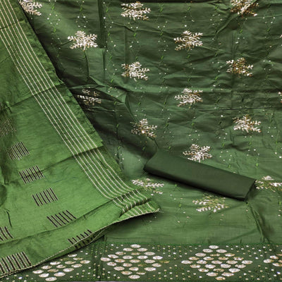 Bottle Green Sequins Embroidered Pure Cotton Dress Material