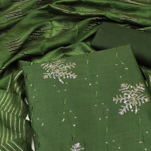 Bottle Green Sequins Embroidered Pure Cotton Dress Material