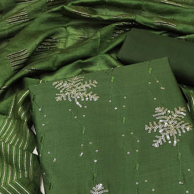Bottle Green Sequins Embroidered Pure Cotton Dress Material