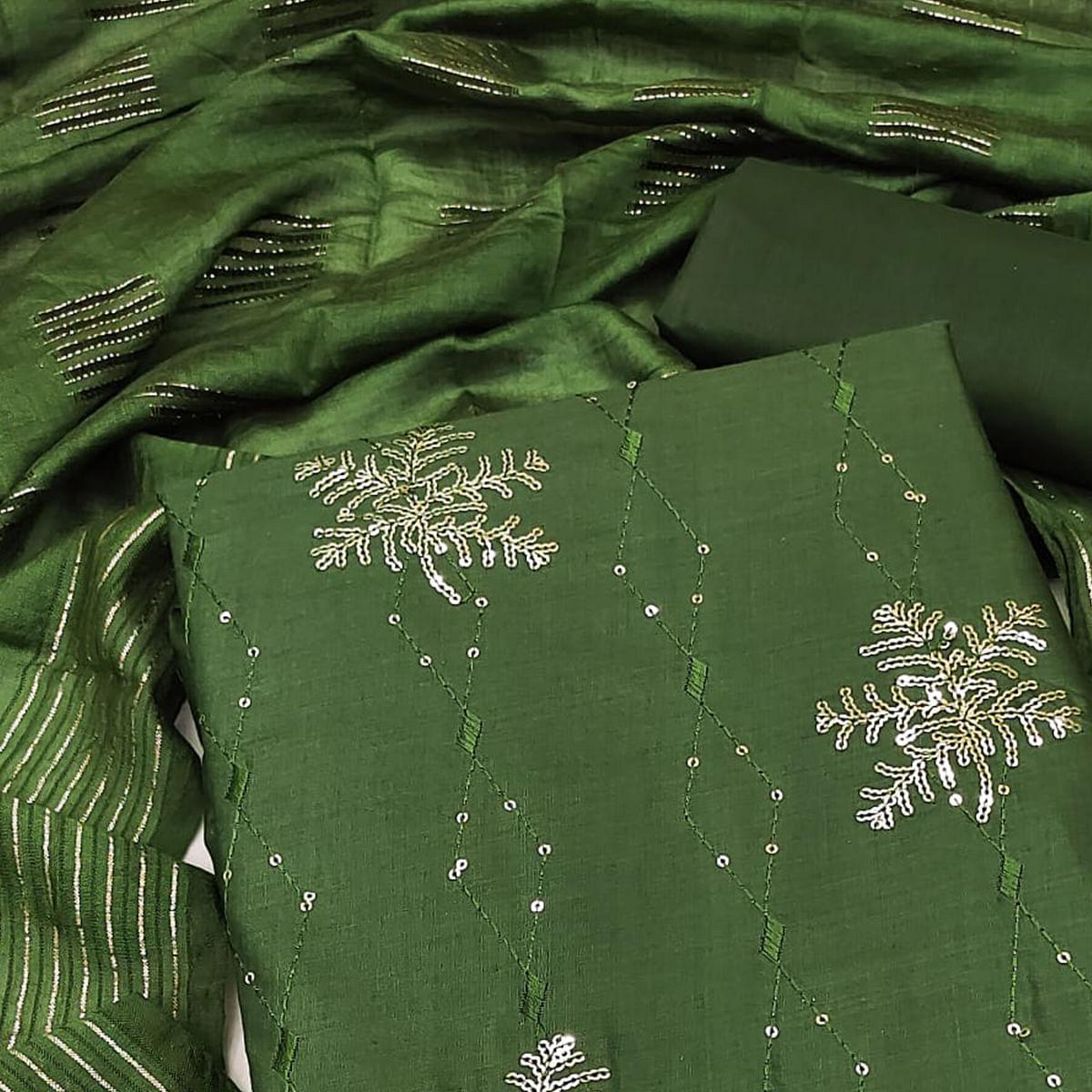 Bottle Green Sequins Embroidered Pure Cotton Dress Material