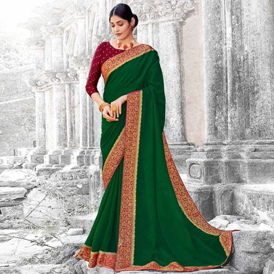 Bottle Green Solid Chiffon Saree