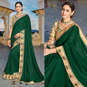 Bottle Green Solid-Embroidered Border Vichitra Silk Saree With Tassels