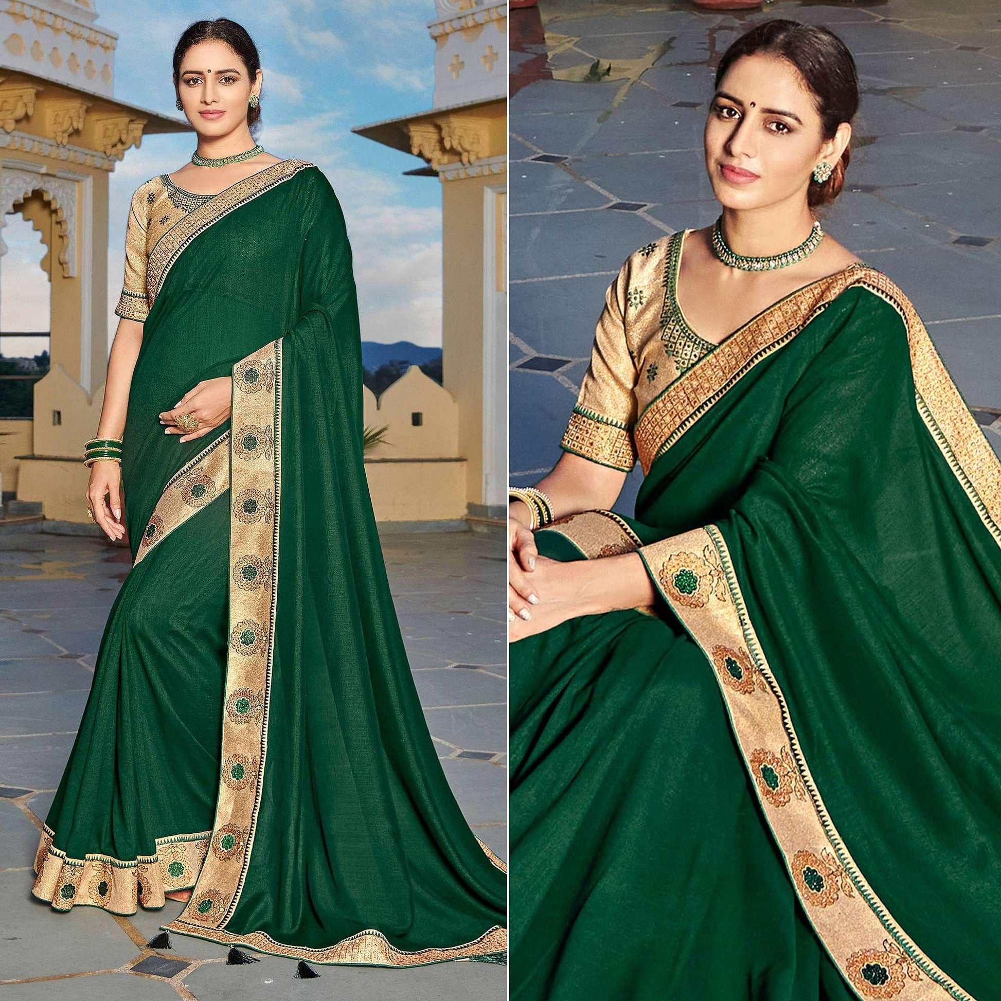 Bottle Green Solid-Embroidered Border Vichitra Silk Saree With Tassels