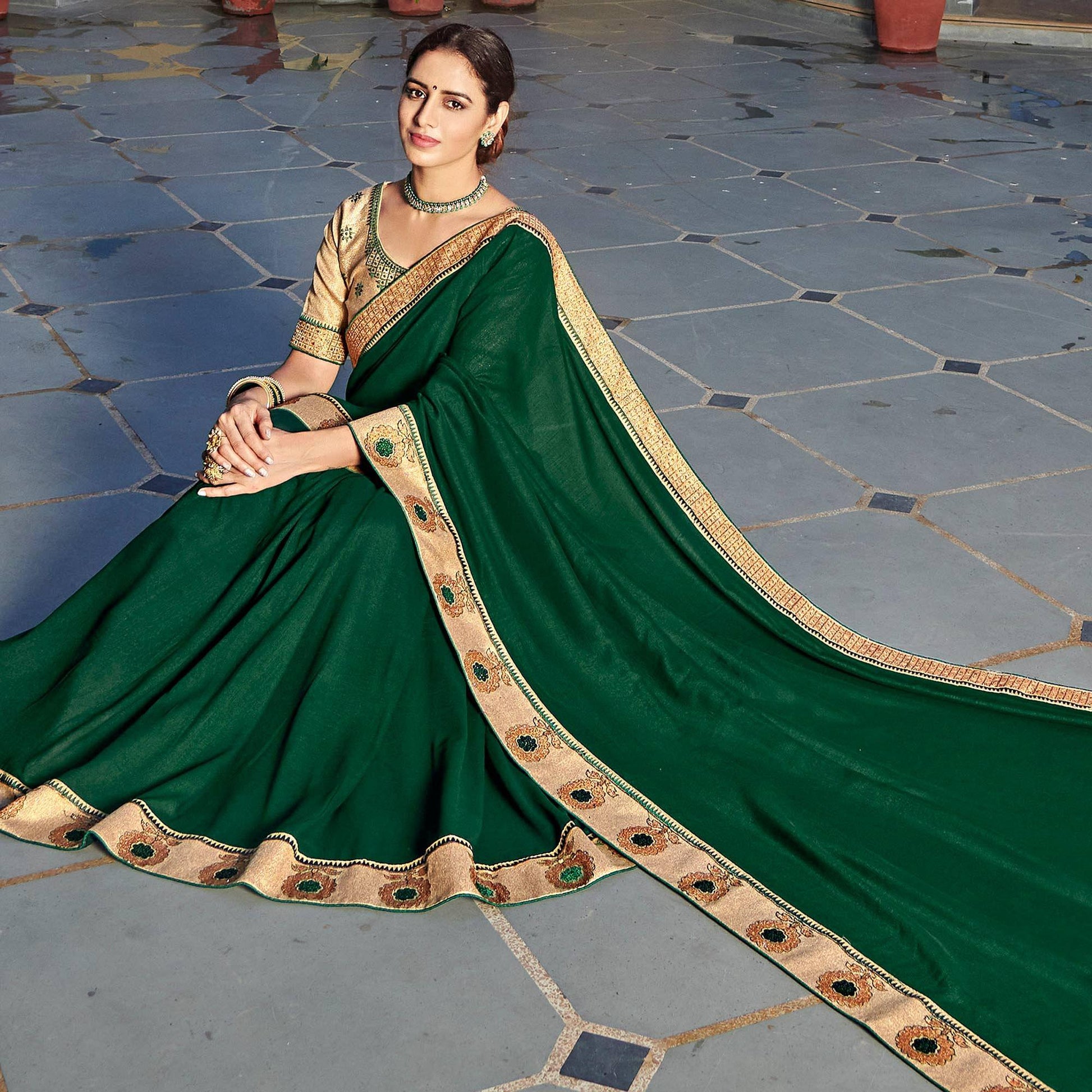 Bottle Green Solid-Embroidered Border Vichitra Silk Saree With Tassels