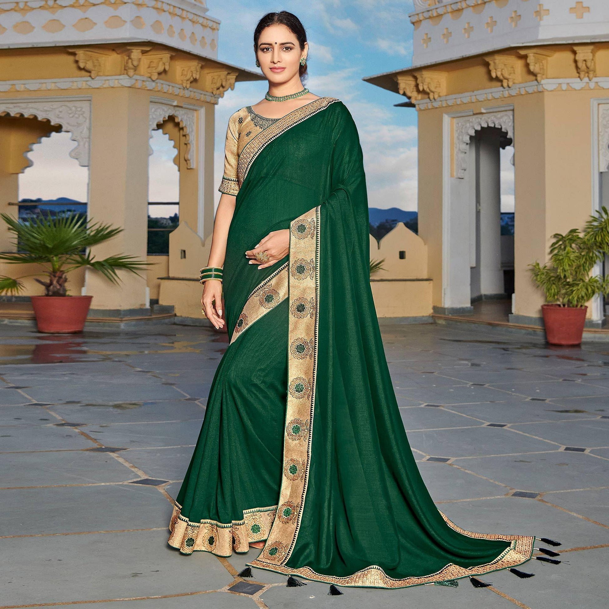 Bottle Green Solid-Embroidered Border Vichitra Silk Saree With Tassels