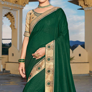 Bottle Green Solid-Embroidered Border Vichitra Silk Saree With Tassels