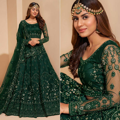 Bottle Green Wedding Wear Embroidered With Embellished Net Lehenga Choli