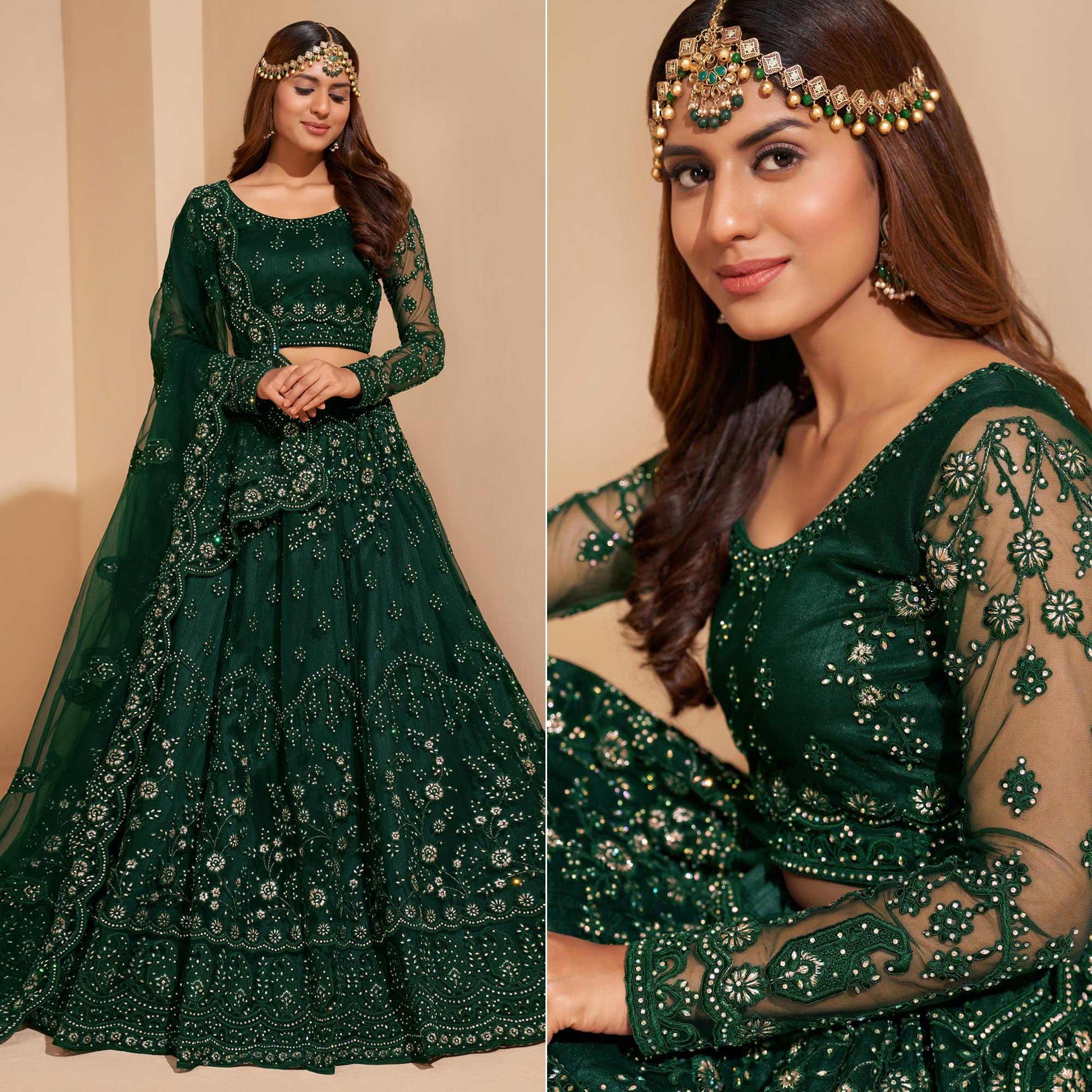 Bottle Green Wedding Wear Embroidered With Embellished Net Lehenga Choli