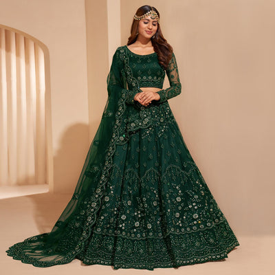 Bottle Green Wedding Wear Embroidered With Embellished Net Lehenga Choli