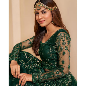 Bottle Green Wedding Wear Embroidered With Embellished Net Lehenga Choli