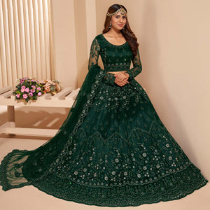 Bottle Green Wedding Wear Embroidered With Embellished Net Lehenga Choli