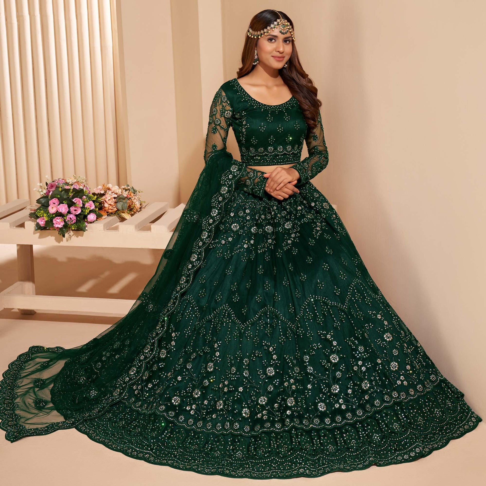 Bottle Green Wedding Wear Embroidered With Embellished Net Lehenga Choli