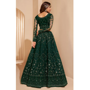 Bottle Green Wedding Wear Embroidered With Embellished Net Lehenga Choli