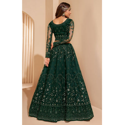 Bottle Green Wedding Wear Embroidered With Embellished Net Lehenga Choli