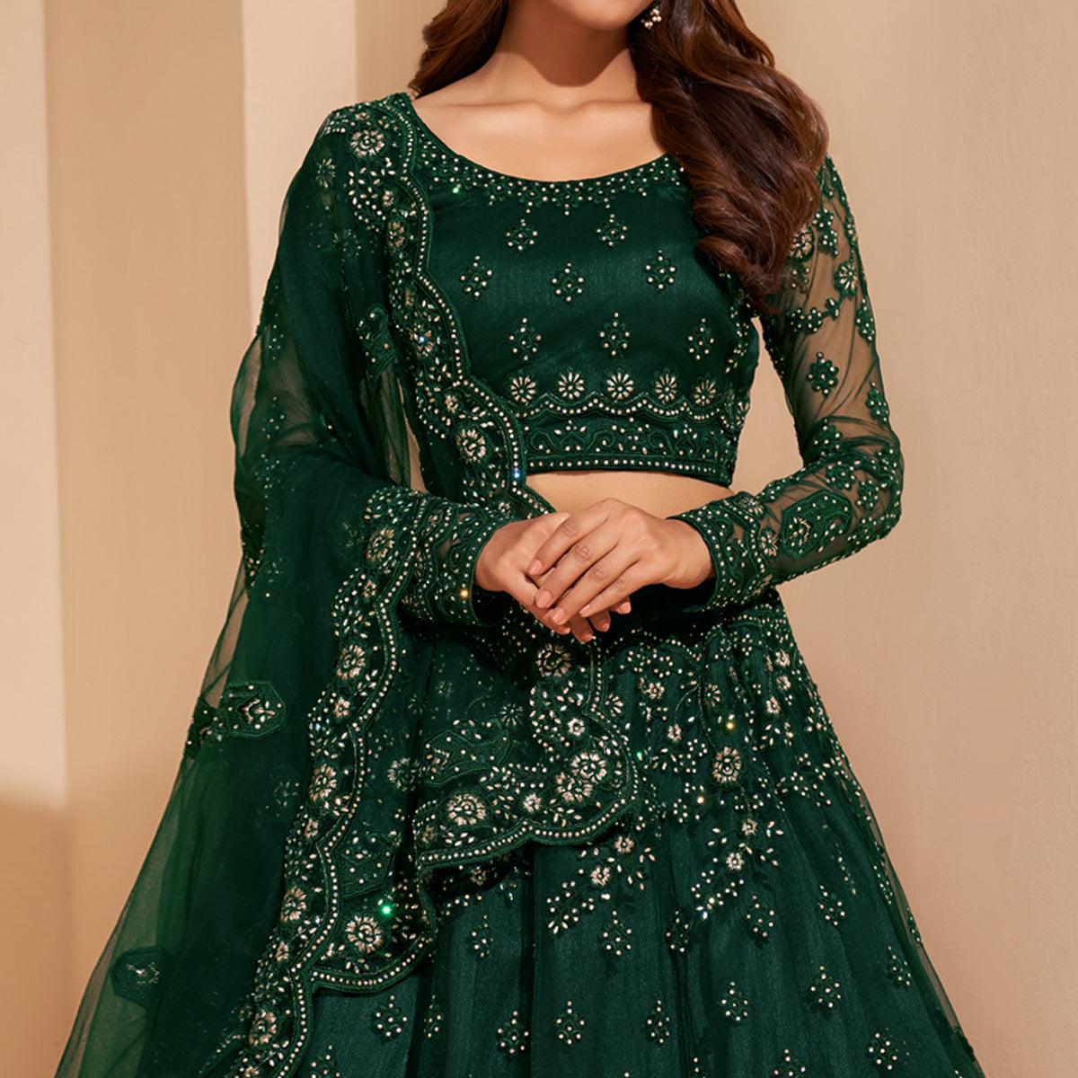 Bottle Green Wedding Wear Embroidered With Embellished Net Lehenga Choli