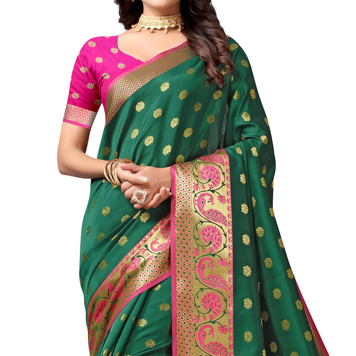 Bottle Green Woven Art Silk Saree